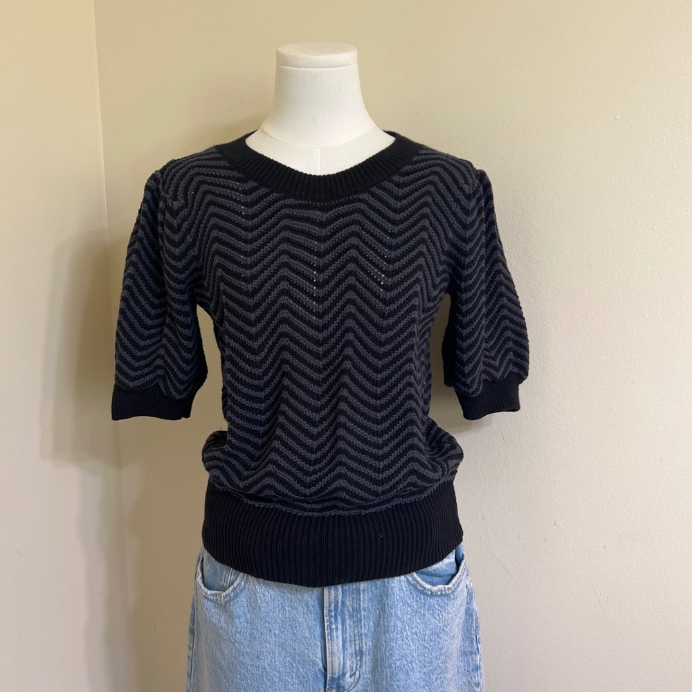 Evereve Womens Black Grey Chevron Short Sleeve Cotton Knit Sweater XS